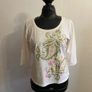 Talbots White Floral top with embellishments 3/4 sleeves, size M